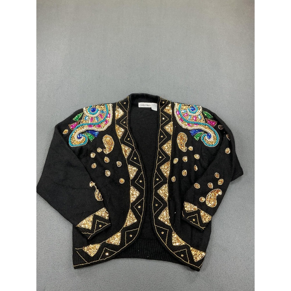 Cristina Cardigan Sweater Womens Medium Black Beaded Sequin‎ Paisley Silk Angora